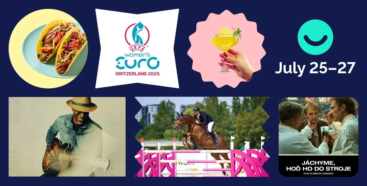 Collage Credits: ARCHA+, Jáchyme, hoď ho do stroje!, UEFA Women's Euro 2025, Chuchle Arena Praha