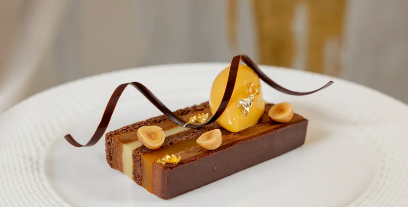 Zlatá Praha restaurant at Fairmont Golden Prague, Dark Chocolate, Hazelnut and Apricot Delice FAIRMONT hotel 20-06-2025 Zlata Praha Dark Chocolate, Hazelnut and Apricot Delice